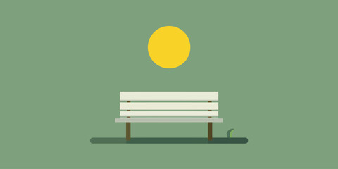 Fototapeta premium Minimalist flat illustration of a solitary white park bench sitting under a bright yellow sun.