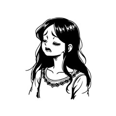 Monochrome depiction of a young woman with sad expression isolated on white background detailed