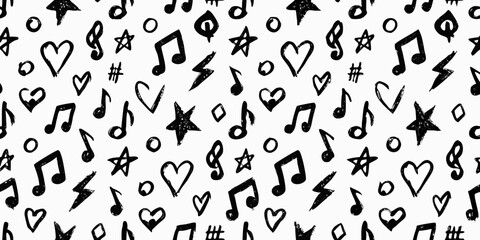 Seamless Pattern of Hand Drawn Music Notes Hearts Stars and Lightning Bolts