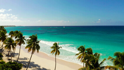 Fototapeta premium Aerial drone view of a pristine tropical beach with white sand, turquoise ocean waves, and lush green palm trees