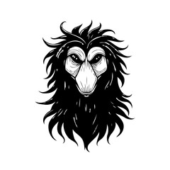 Monochrome drawing exhibiting an abstract bird portrait with feathery textures and sharp features