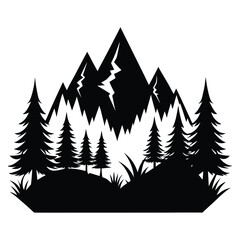 Obraz premium Silhouette of Mountains and Pine Trees, a Vector Landscape Illustration in Black