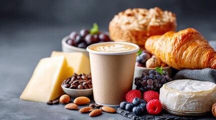 Indulge in a delicious breakfast spread with coffee, pastries, cheese and fresh fruit.