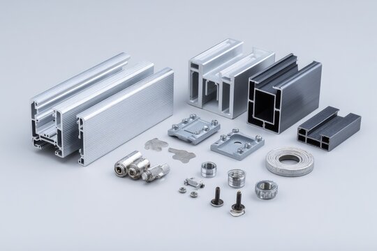 Assorted metal profiles and hardware components arranged on a light gray surface. 