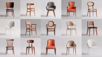 15 realistic 3D chair icons. White background. Varied styles & materials.
