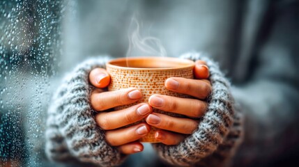 Warm hands holding a mug of hot tea or coffee by a rainy window, creating a cozy atmosphere.