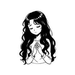 Monochrome illustration of a girl expressing sorrow or introspection through gestures and facial