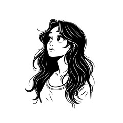 Monochrome illustration of a girl with flowing hair gazing upwards with pensive expression