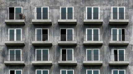 Obraz premium A grey concrete building with numerous identical balconies and windows, some open and some closed, creating a repetitive pattern