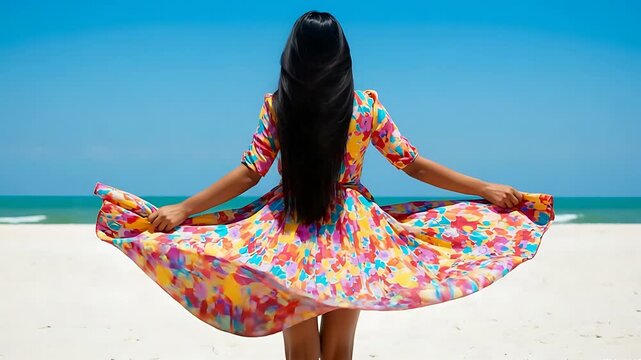 Elegant woman in floral dress twirling on a white sand beach under a clear blue sky creating a