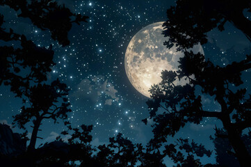 Night Sky Enchantment: A stunning celestial panorama unfolds as a luminous full moon bathes the scene in a soft, ethereal glow.