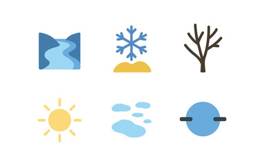 Naklejka premium vector colorful flat filled icons ravine floor (winter): stream frost bare branches pale light snow patches silence.
