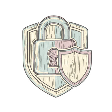 E-commerce online security concept, digital data protection, and privacy symbol. Hand-drawn vintage padlock and shield icon for safe transactions.