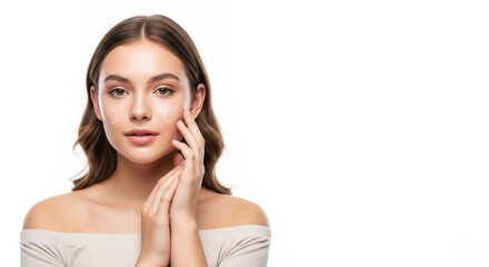 Fototapeta premium Young Caucasian Woman with Beautiful Skin Doing Skincare on White Background