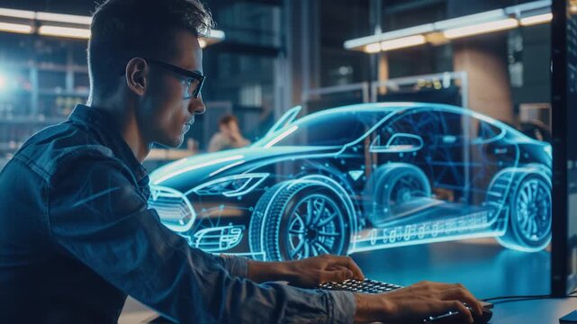 An engineer skillfully manipulates a detailed holographic car model within a cuttingedge design studio environment