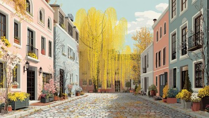 Colorful autumn street scene, pastel buildings, yellow trees