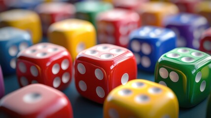A colorful collection of dice, including red, yellow, blue, green, and purple, scattered on a black surface with a blurred background.