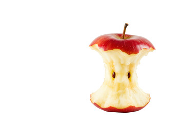 A perfectly eaten red apple core with natural stem, pristine, subtly gleaming on a seamless transparent background with vast negative space, concept of healthy choices and completion