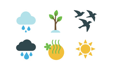 vector colorful flat filled icons season of transition (winter to spring): melting snow budding trees migrating birds rain showers fresh scent soft light.