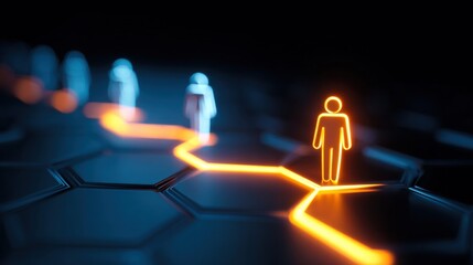 Glowing path leads to a single highlighted figure in a digital network representing connection and success.