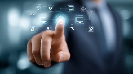 Businessperson's hand touching glowing button with futuristic icons in blurry office background