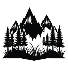 Obraz premium Black Silhouette Illustration of Mountains with Pine Trees and Wild Grass Landscape Design