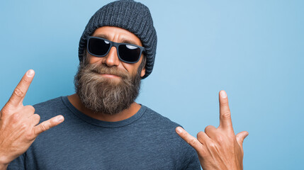 Smiling bearded man in sunglasses and beanie showing rock hand signs on blue background.