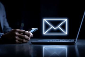 Digital marketer using email marketing tools on laptop and smartphone, sending newsletters and analyzing campaign performance to engage subscribers and grow business through personalized content