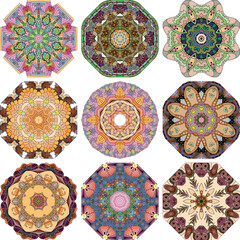 Set of colorful cute Mandalas. Decorative unusual round ornaments.