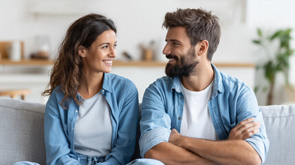 Obraz premium Happy couple sitting on the couch at home smiling and looking at each other.