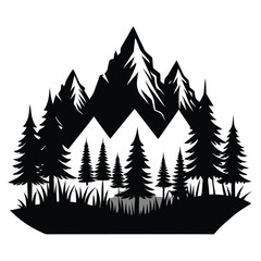 Obraz premium Black Silhouette of Jagged Mountains with Pine Trees and Grass Landscape Vector Art