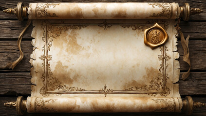 Old parchment scroll with decorative ornate frame and wax seal, placed on rustic wooden surface. Vintage medieval style, perfect for background, fantasy design, or historical theme.