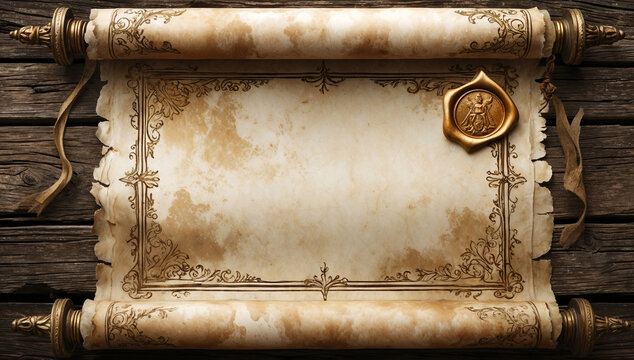 Old parchment scroll with decorative ornate frame and wax seal, placed on rustic wooden surface. Vintage medieval style, perfect for background, fantasy design, or historical theme.