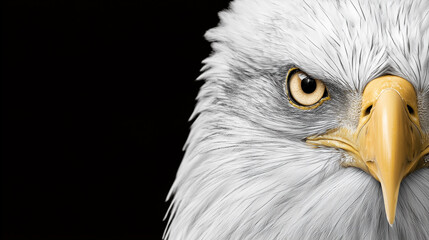 Close up of a majestic eagle head with sharp golden eye and beak on black background.