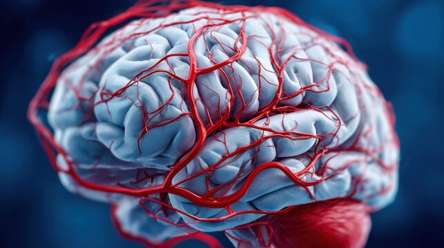 Detailed 3d rendering of the human brain, showcasing its complex vascular system.