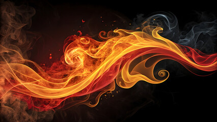 Fototapeta premium “Abstract artistic fire texture with swirling flames in orange, red, and golden tones on a dark background. Fluid smoke shapes forming elegant waves and curves, glowing light effect, high-resolution, 