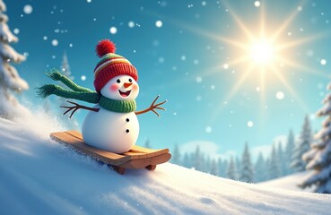 Fototapeta premium Joyful snowman with scarf, hat sleds down snowy hill under bright sun. Winter landscape features blue sky, falling snow, frosted trees. Fun, playful recreation captures childhood excitement, holiday