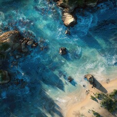 Obraz premium High-angle view of a turquoise coastal scene. Rocky outcrops and waves meet a sandy beach