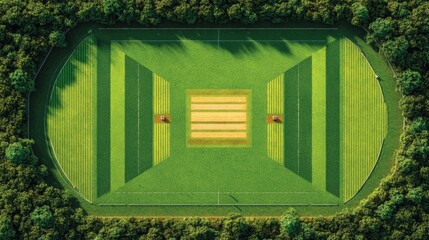 Professional Aerial View of Cricket Pitch Layout with Clear Boundary Lines on Green Field for Modern Sports Education and Training Content
