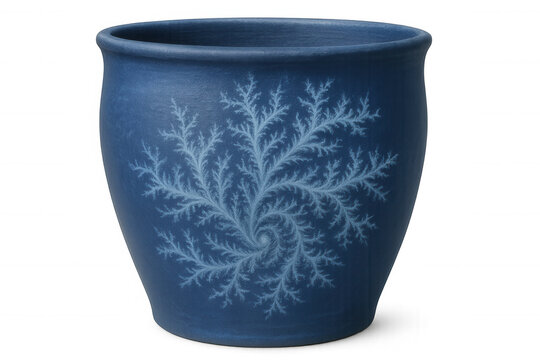 Blue ceramic pot with lichtenberg figure decoration, isolated on transparent background, ideal for physics and electricity concepts