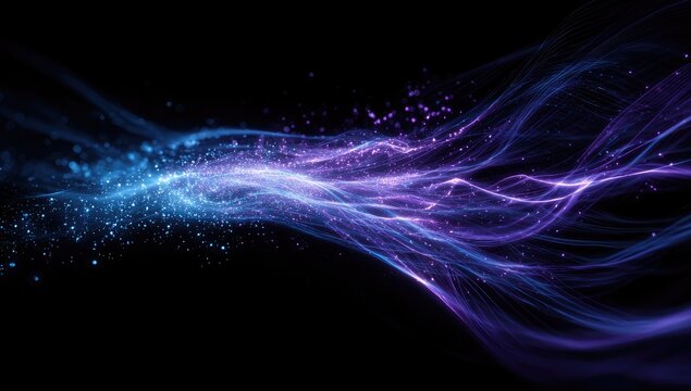 Abstract swirling streams of blue and purple light particles against a black background