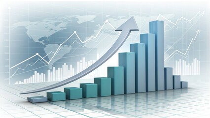 Business growth chart with upward arrow and world map background