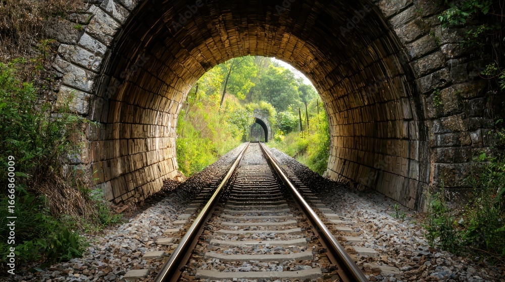 Poster a train tunnel with two tracks, surrounded by greenery and trees, leading to a distant view of anoth