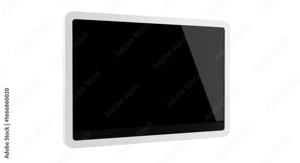 Poster sleek white-bordered digital frame with a reflective black screen, isolated on a seamless neutral co