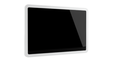 Sleek white-bordered digital frame with a reflective black screen, isolated on a seamless neutral corporate background with ample negative space. Concept of innovation and potential