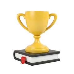 Gold winner trophy on book stack transparent background red bookmark academic concept