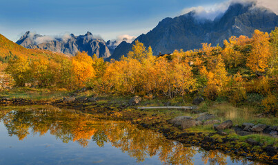 beautiful landscape of Norway with trees with yellow leaves reflecting in the water of a lake and mountain peaks in the background