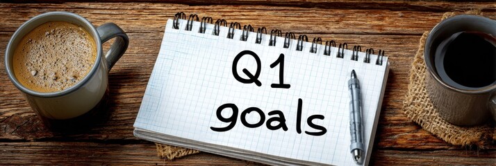 Planning for Success With Q1 Goals on a Wooden Table With Coffee Cups and a Notebook