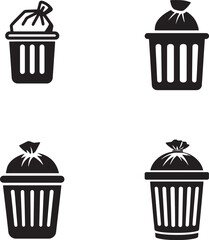 An icon of a garbage bin with a bag, in a simple vector style, with a black and white color palette on a white background. This is a professional logo design with high resolution.eps