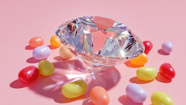 A sparkling diamond, surrounded by colorful jelly beans, on a soft pink backdrop